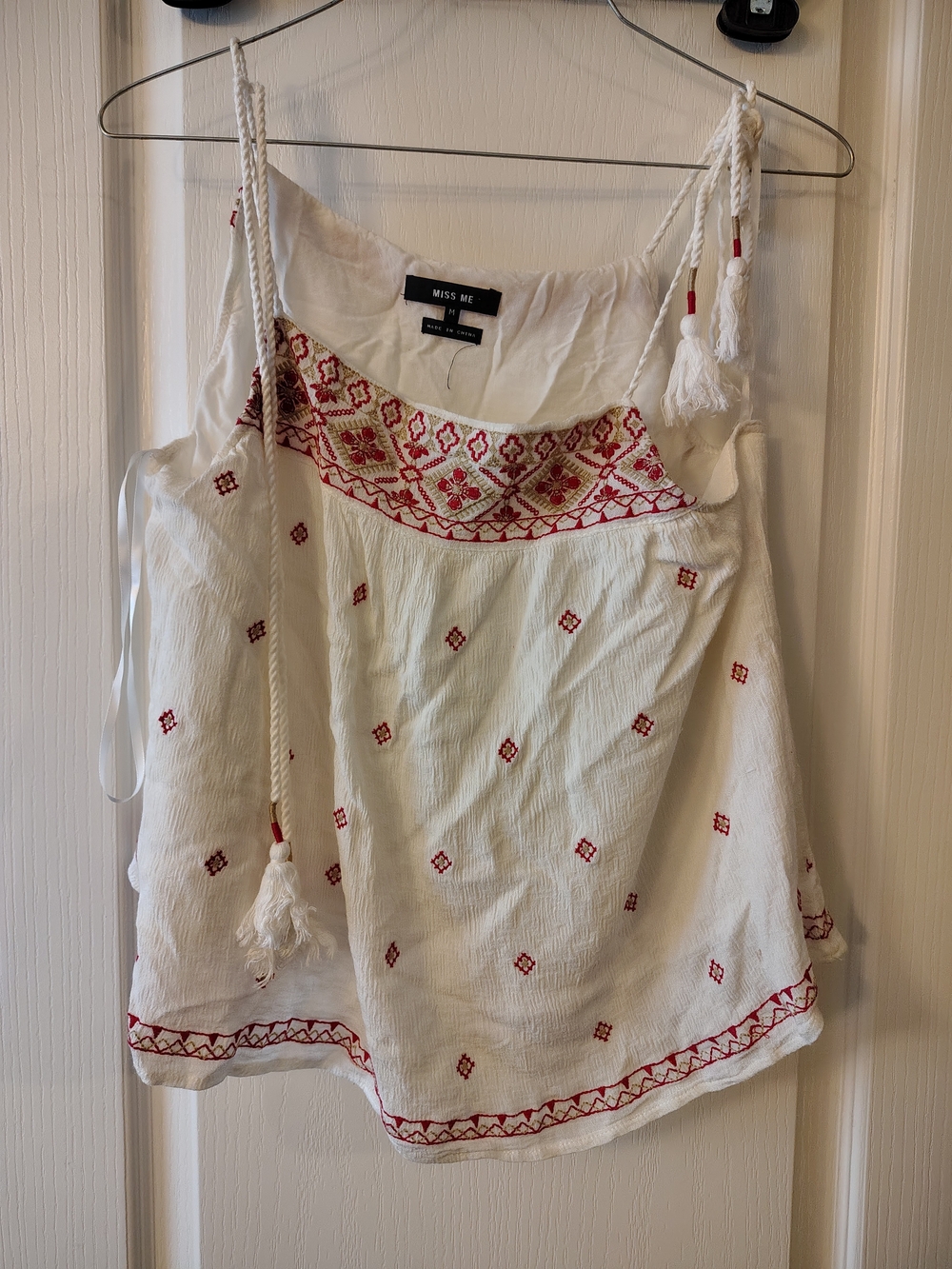 Miss Me White Embroidered Tassel Tank Top
